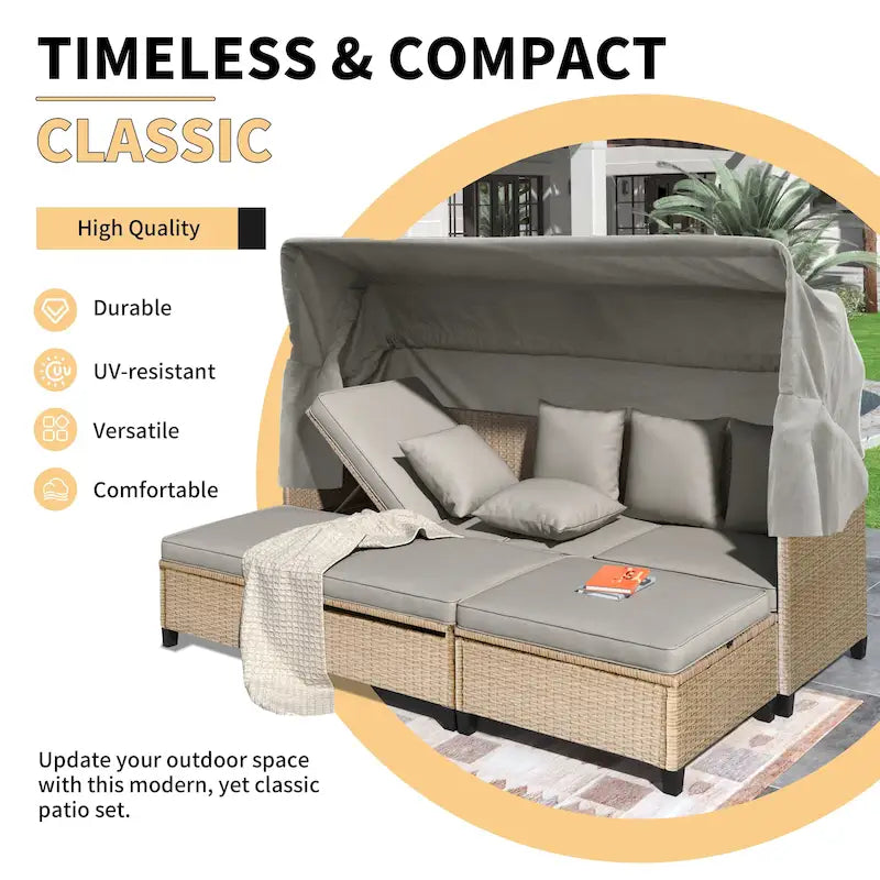 4-Pieces UV-Proof Resin Wicker Patio Sofa Set with Retractable Canopy, Cushions & Lifting Table