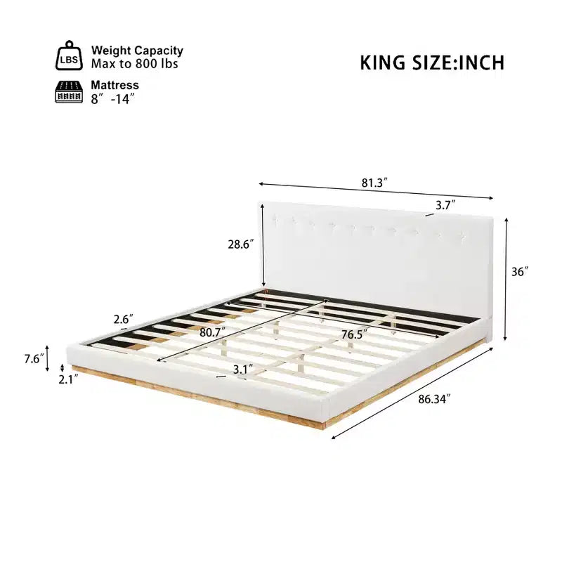 King Size Minimalist Chenille Upholstered Bed Frame, Rubber Solid Wood Legs, White - ModernLuxe