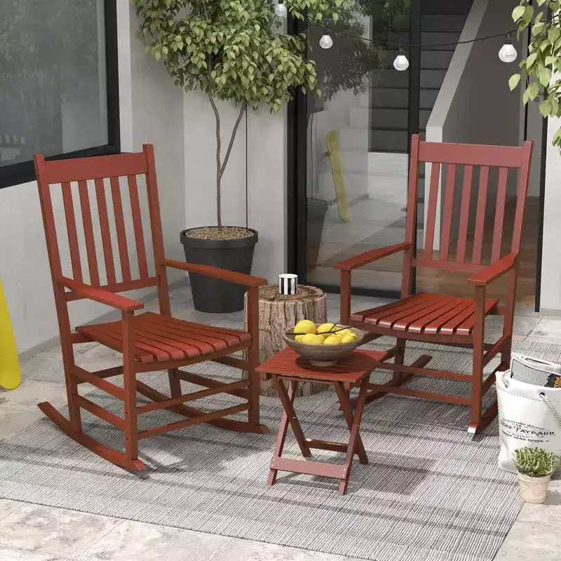 Outsunny Wooden Rocking Chair Set, Curved Armrests, High Back, Slatted Top Table Outdoor Rocker Set