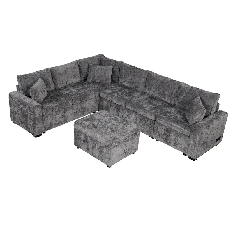 Chenille Sectional Sofa Pull-out Sofa Bed, L-Shape Sleeper Sofa with Storage Ottoman, 3 Pillows and Charging Devices