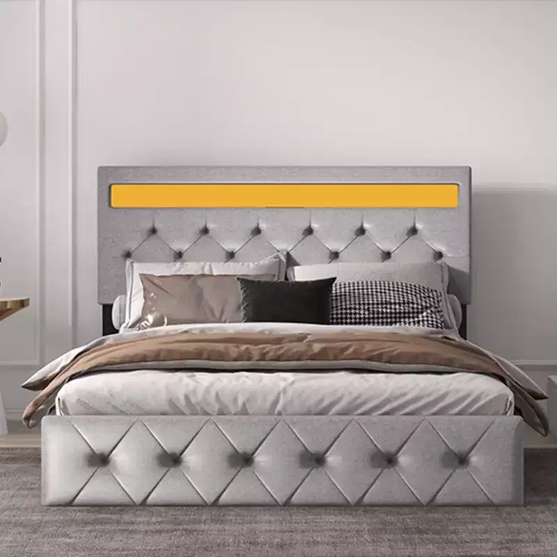 Upholstered Platform Bed Frame with Lighted Headboard and USB Charging Port