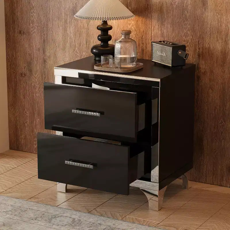 Whisen Elegant High Gloss Nightstand, Mirrored Bedside Table with Metal Handle and 2 Drawers