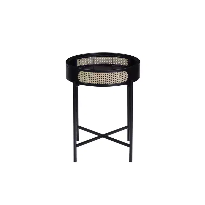 22 Colson Accent Table Black Finish - Acme Furniture: Rattan Detail, Metal Frame, Wood Top, No Assembly Required