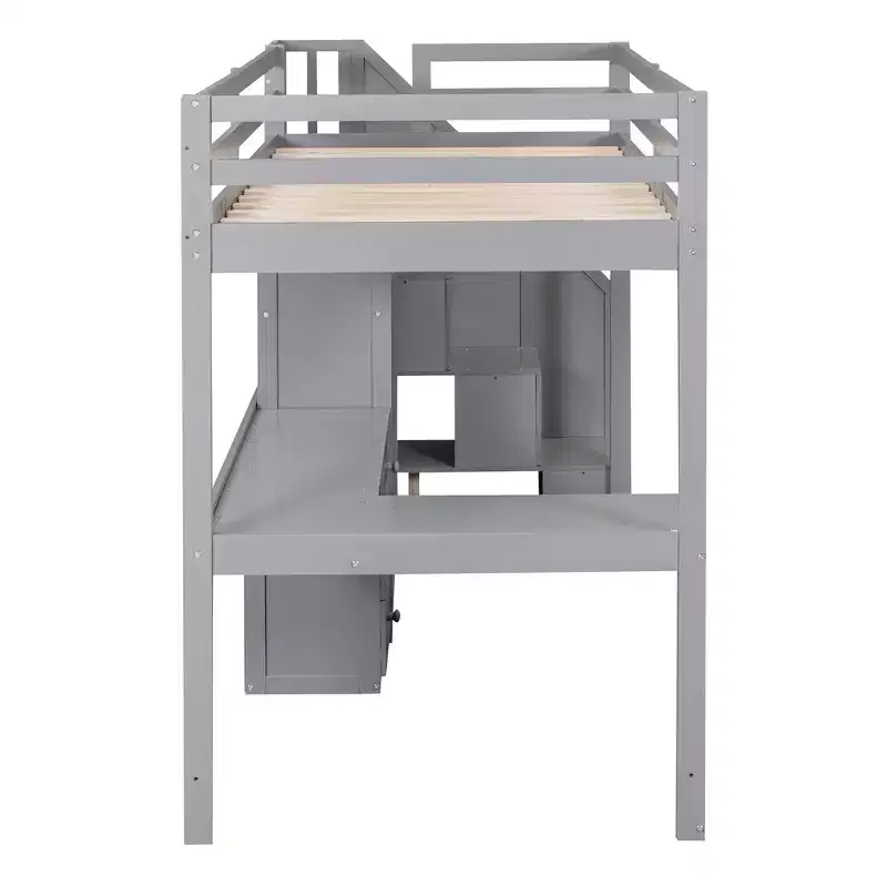 Twin Size Loft Bed with L-Shaped Desk, 3 Drawers, Cabinet, Staircase Storage, Solid Pine/MDF Build