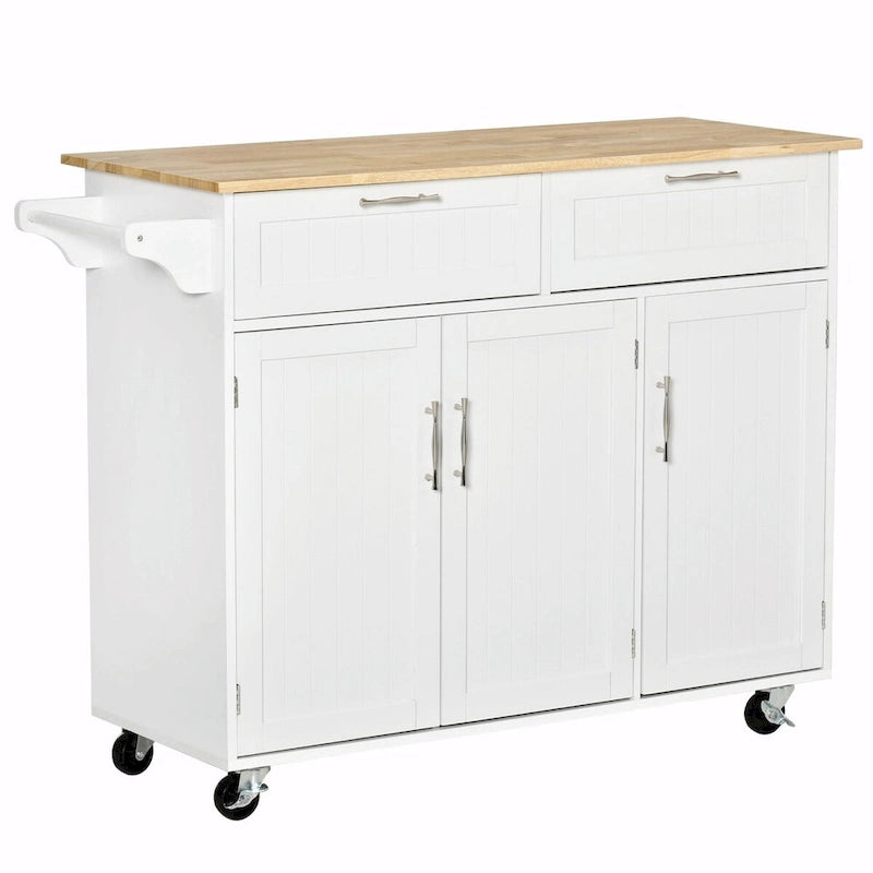 Rolling Kitchen Island Cart with Natural Wood Top 2 Drawers 3 Cabinets and Towel Rack