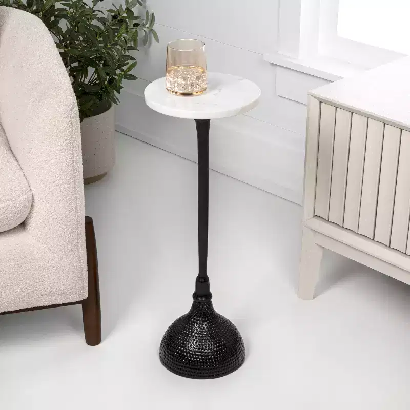 Contemporary Metal Pedestal Drink Table & Decorative End Table with White Marble Round Top & Hammered Base
