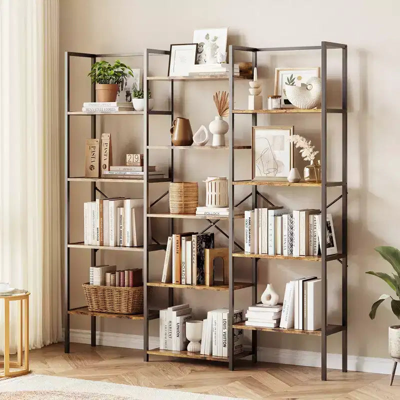 5-Tier Industrial Bookcase with 14 Open Shelves, 63.4W