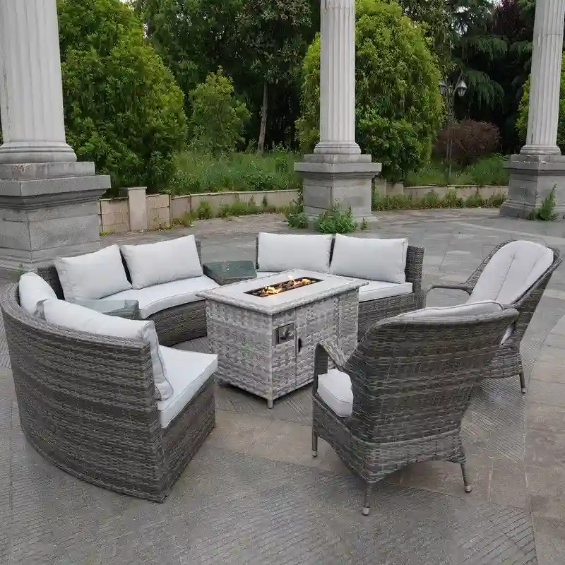 Patio Wicker Halfmoon Shape Sectional Sofa with Firepit and Chairs