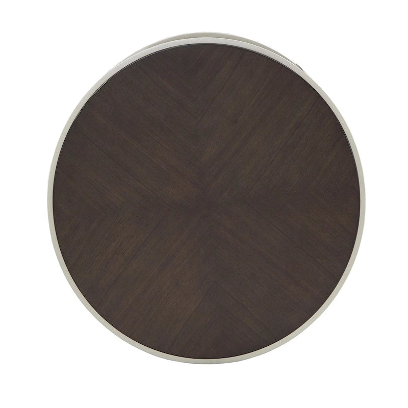 Round Coffee Table with Geometric Walnut Veneer Top and Gold Metal Base