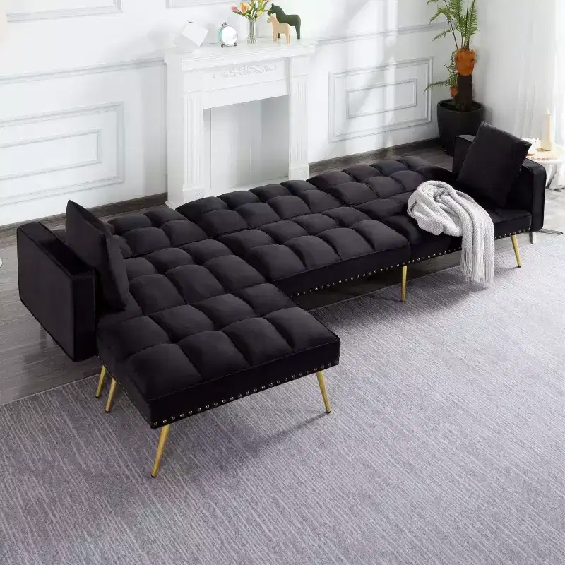 107 Inch Sofa Bed Convertible Sturdy Faux Wood Frame, 5 Recline Positions, Modern Style with Gold Legs