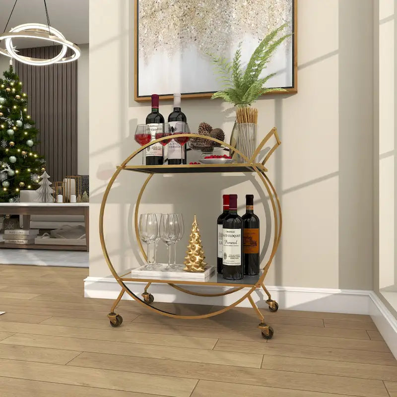 Gold Round Iron Bar Cart with Mirror Shelves and Wine Glass Rack
