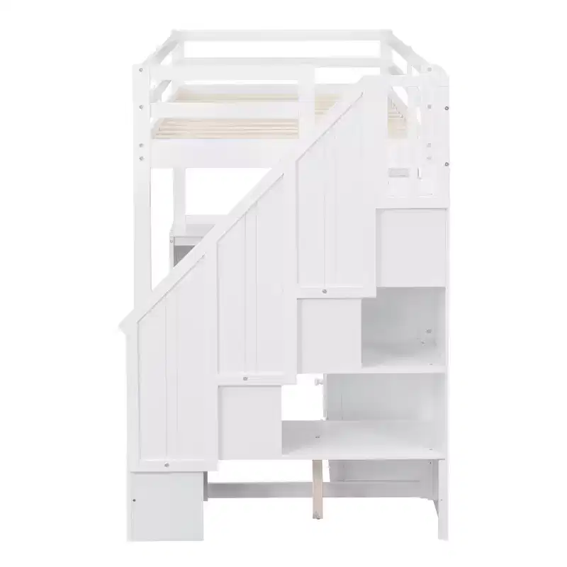 Twin Size Loft Bed with L-Shaped Desk, 3 Drawers, Cabinet, Staircase Storage, Solid Pine/MDF Build