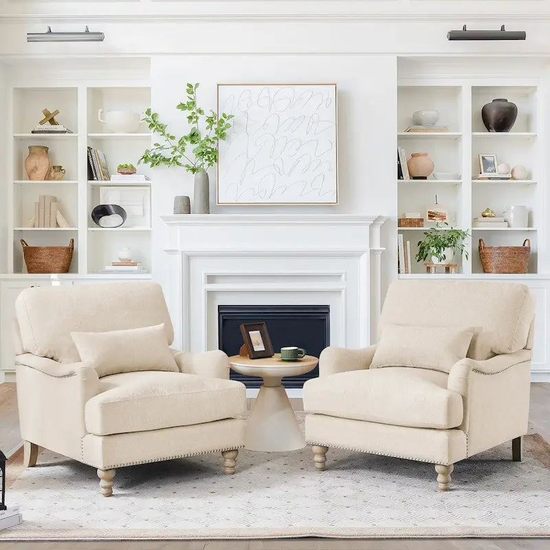 Modern Arm Accent Chair Upholstered with Solid Wood Frame and Lumbar Pillow