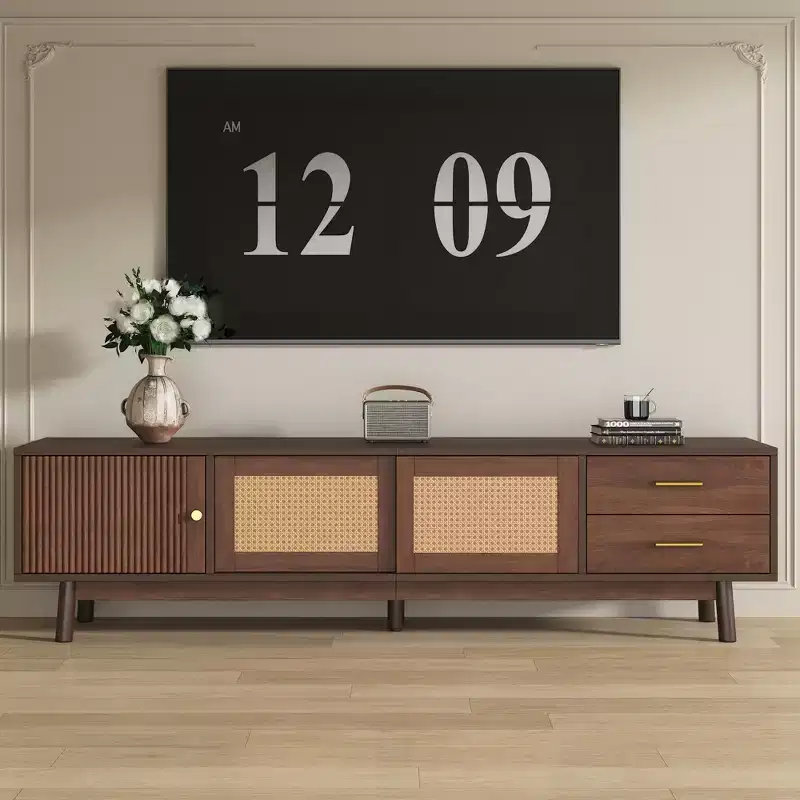 GDFStudio Leo Mid Century Modern TV Stand for 80 TVs, Storage with Sliding Doors and Drawers