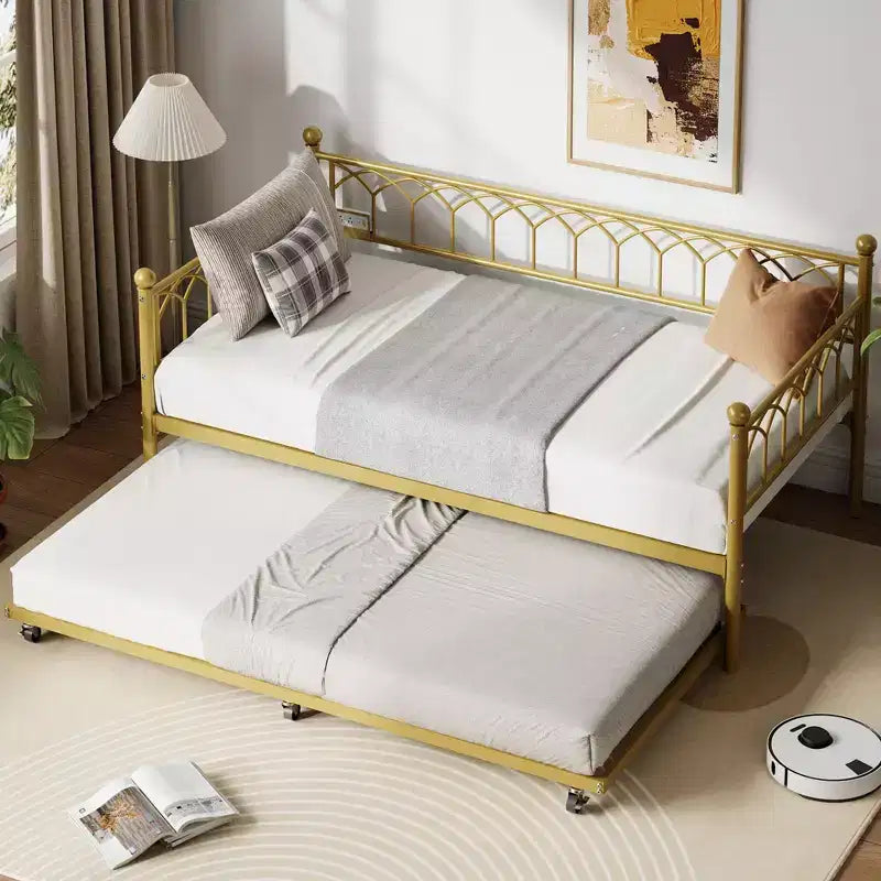 Twin Daybed with Trundle, Day Bed with Charging Station & LED Lights, Metal Sofa Bed Frame with Pull Out Trundle for Living Room, Bedroom, Apartment