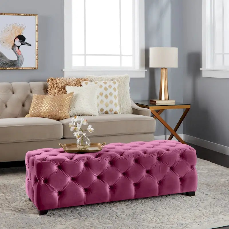 Tufted Velvet Ottoman Bench - Button Detail Upholstered Entryway Bench for Bedroom