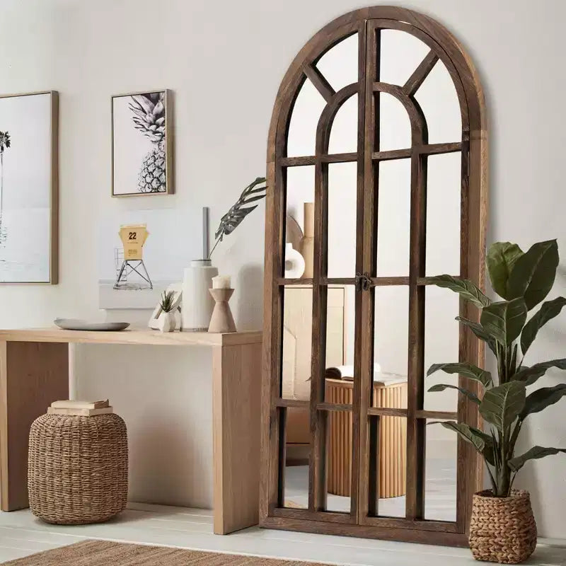 Arched Wood Frame Window Mirror - Full Length