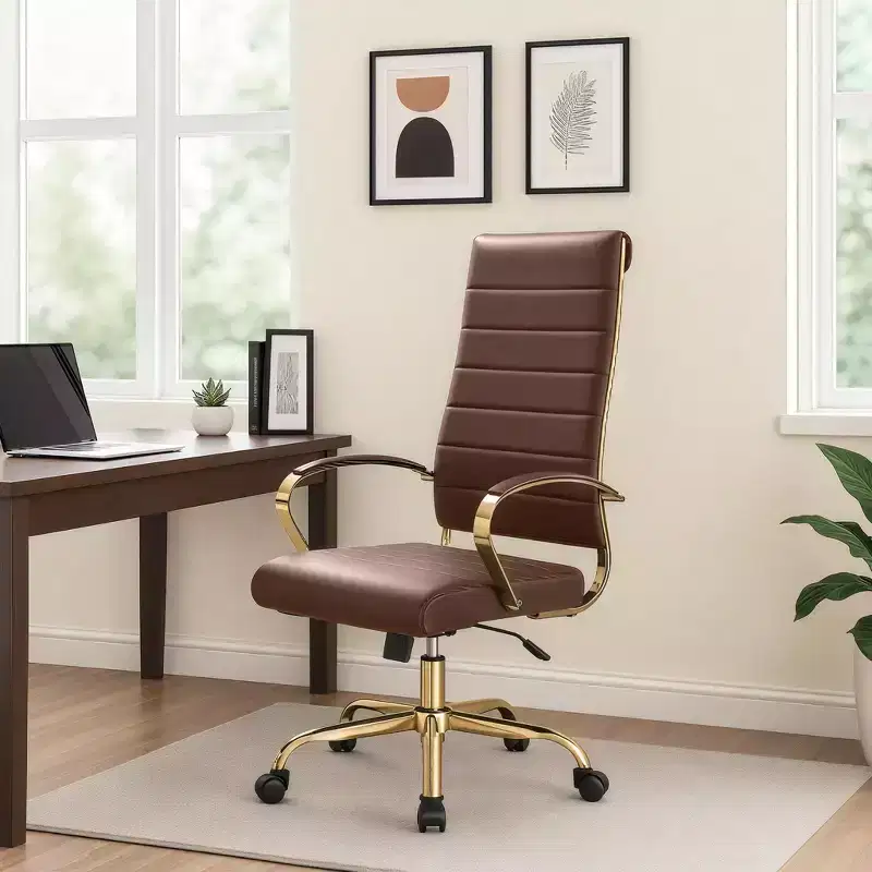 LeisureMod Benmar High-Back Ribbed Leather Office Chair - Modern Swivel & Tilt Executive Desk Chair - Gold Base