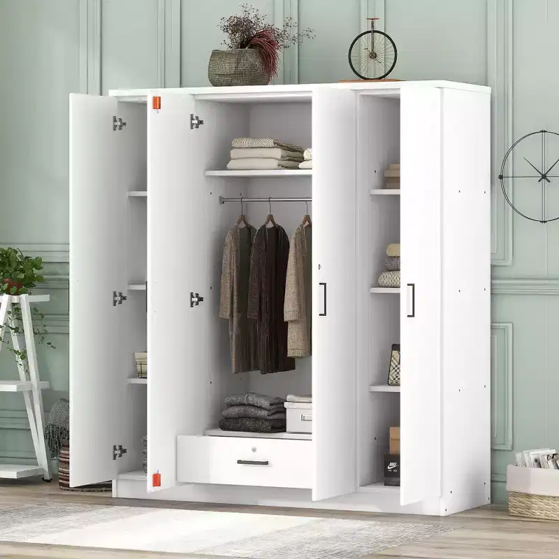 Wood 4-Door Wardrobe Armoire with Hanging Rod, 1-Drawer and Storage Shelves