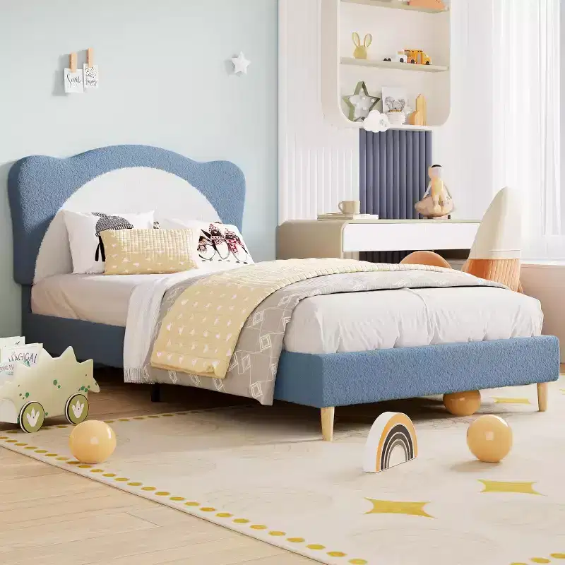 Twin Size Bed Frame for Kids - Cute Velvet Princess Platform Bed with Upholstered Headboard for Kid, Solid Wood Slats Support, No Box Spring Needed