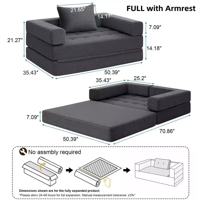 WARMOUNTS Foldable Sofa Bed with Adjustable Backrest & Armrest, Convertible Full Size Sleeper Sofa for Living Room & Office