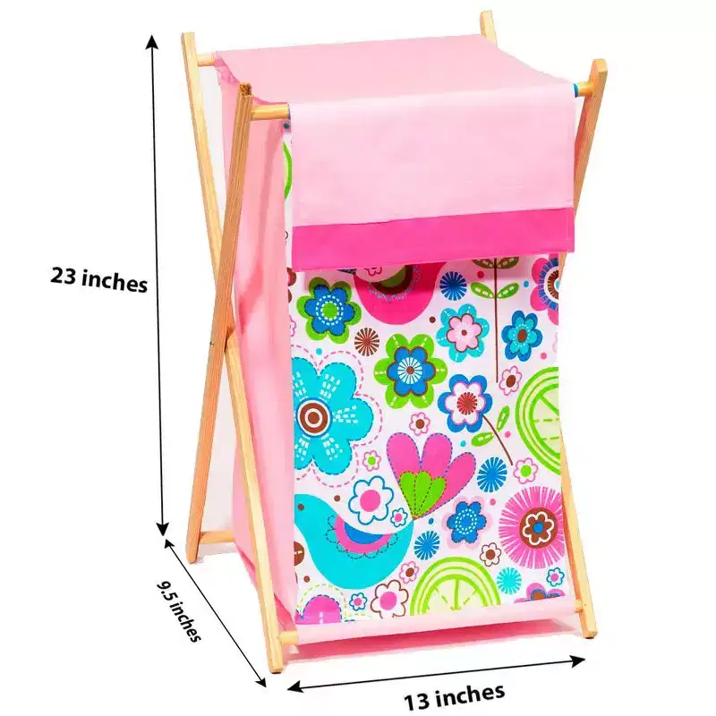 Botanical Pink Laundry Hamper with Wooden Frame