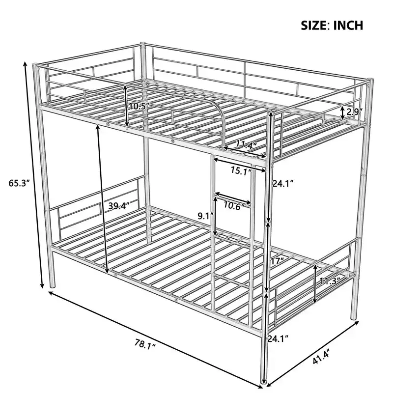 Twin Over Twin Metal Bunk Bed, Sturdy Steel Frame, Black Finish, Converts to Two Twin Beds, No Box Spring Needed