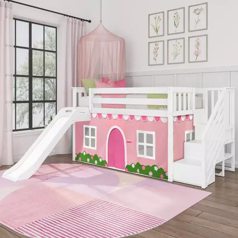 Twin Low Loft With Stairs, Easy Slide & Light Pink & White Farmhouse Curtain