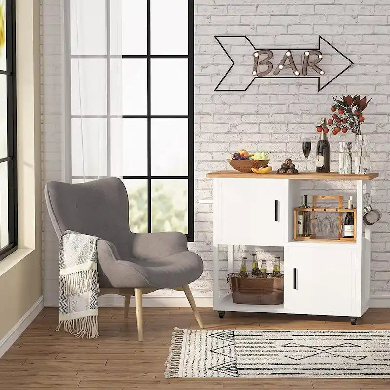 White Rolling Kitchen Island Cart with Wood Top Drawer Cabinet Open Shelf and Hooks