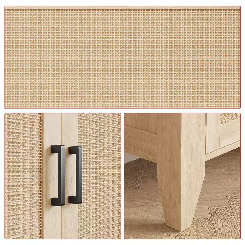 30 Rattan Sideboard Buffet Cabinet with Doors and Shelves, Wood Accent Console Cabinet for Living Room, Dining Room, Kitchen, Natural Oak