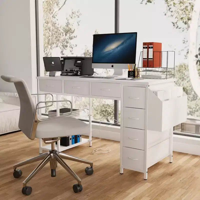 Modern Home Office Computer Desk with Drawers & Shelves, Writing Desk with Side Bag for Study & Office