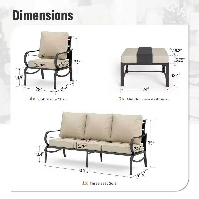 Captiva Designs 7pc Metal Patio Furniture Conversation Set with Armchairs for Garden Porch Backyard