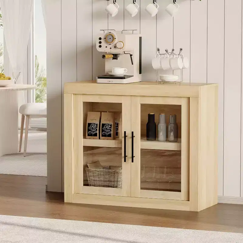 71 Inch Sideboard Buffet Cabinet with 4 Doors, Mid Century Modern Accent Cabinet with Storage for Living Room Kitchen, Natural