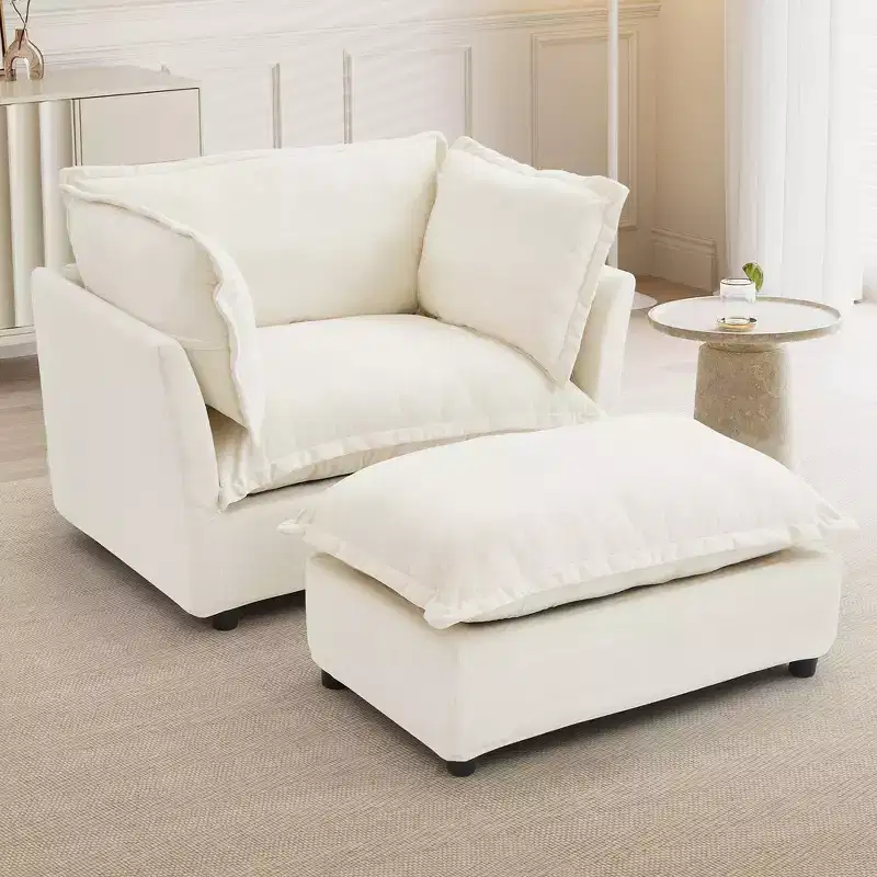 Whisen Chenille Armchair Sofa with Movable Ottoman, Wide Seat, Curved Armrests and Soft Pillows