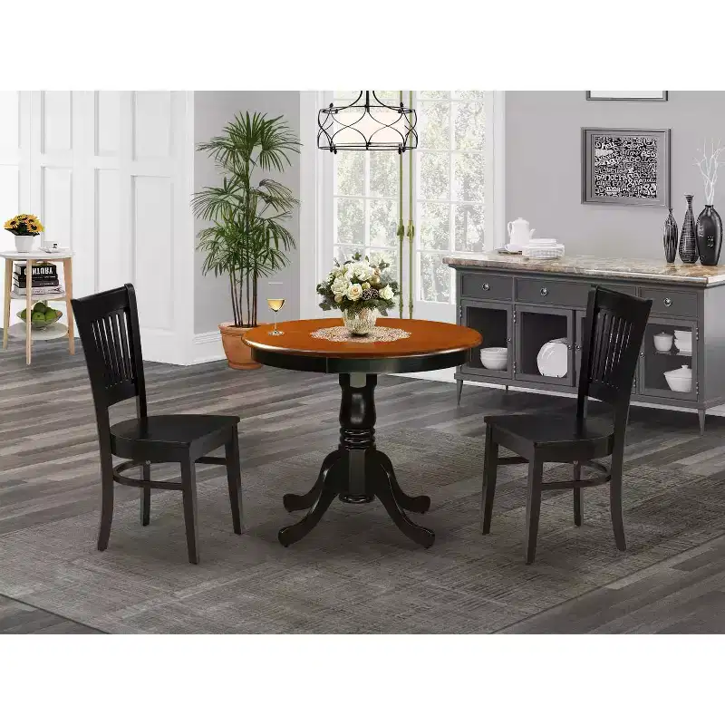 HomeStock Belmont 3-Piece Dining Room Set- 2 Kitchen Chair and Modern Dining Room Table - Wooden Seat and Slatted Chair Back - Black Finish