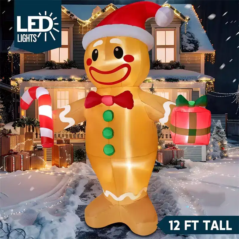 Joyfy 12 FT Tall Christmas Inflatable Decoration, Giant Gingerbread Man with Giftbox Inflatable with LED Light for Xmas Party Outdoor Yard Decoration