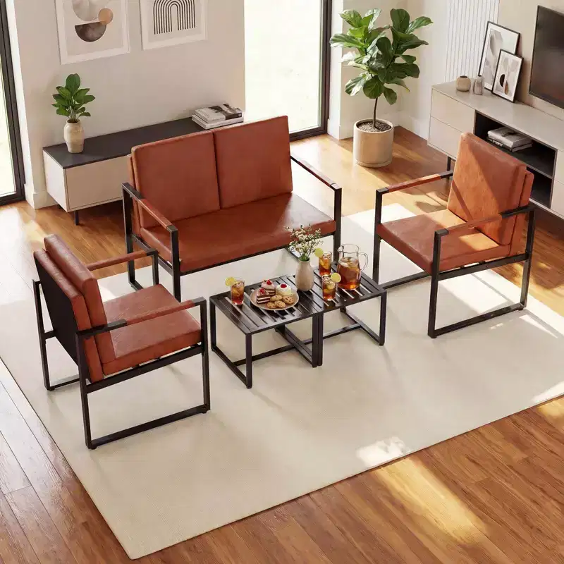 Costway 5 PCS Living Room Set with Loveseat, 2 Accent Chairs, 2 Coffee Tables, Cushions Gray/Brown + Black