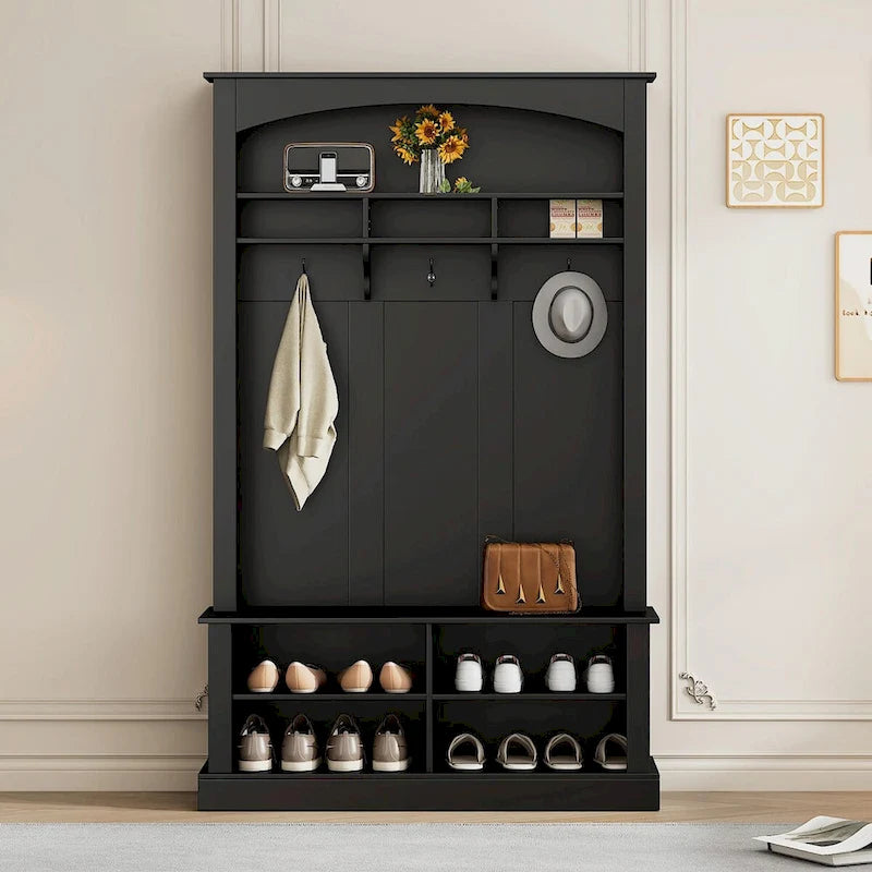 47.2 in. Hall Tree with Bench, 3 Hooks, and Adjustable Shoe Storage