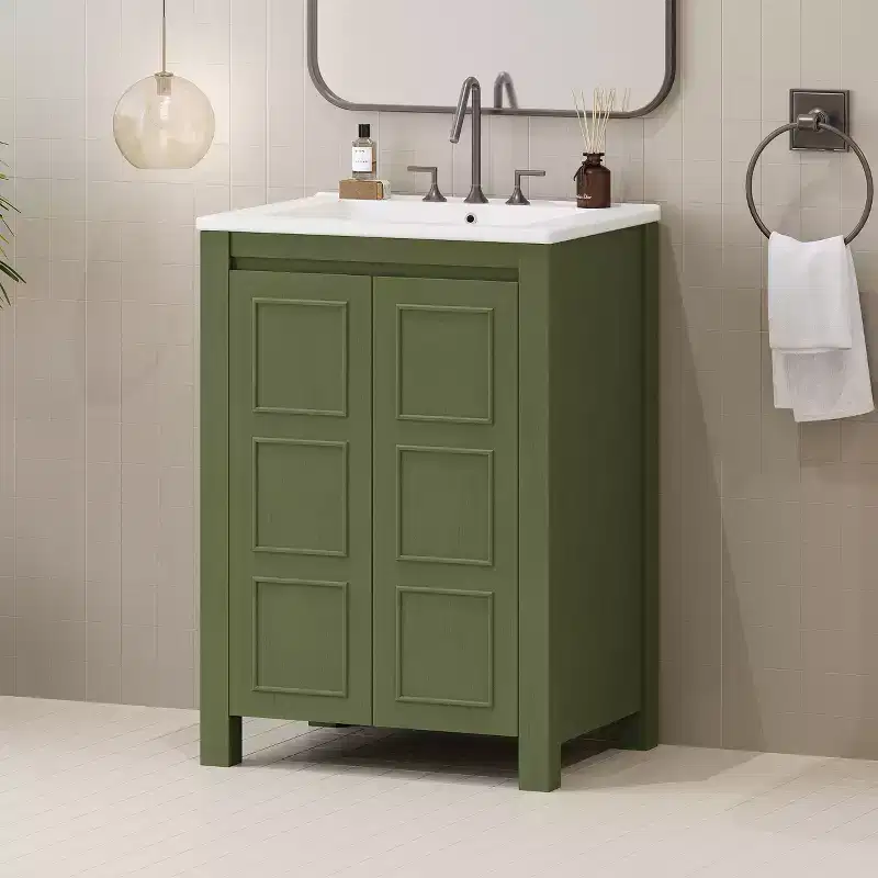 24 in Small Bathroom Vanity with Soft-Close Doors, Freestanding Cabinet with Adjustable Shelf, Olive Green, 24x18.3x33.8 in