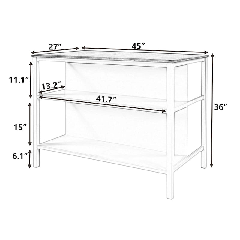 Tan Rustic Solid Rubberwood Stationary Kitchen Island with 2 Open Shelves