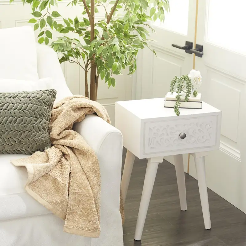 Mango Wood Scroll Intricately Carved Single Drawer Side End Accent Table - White -