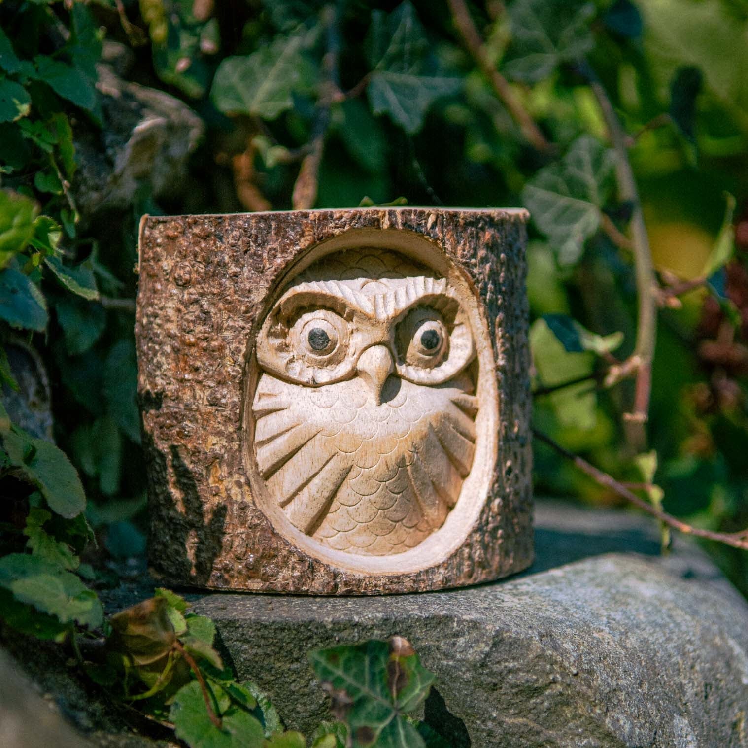 Owl Carved in Log Section