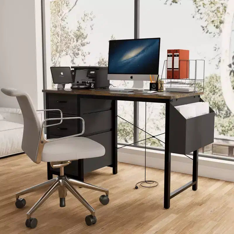 Modern Home Office Computer Desk with Drawers & Shelves, Writing Desk with Side Bag for Study & Office