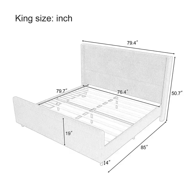 Bellemave headboard Corduroy Upholstered Bed Frame with Vertical Stripe Wingback and High Footboard No Box Spring Needed, King Size, Beige