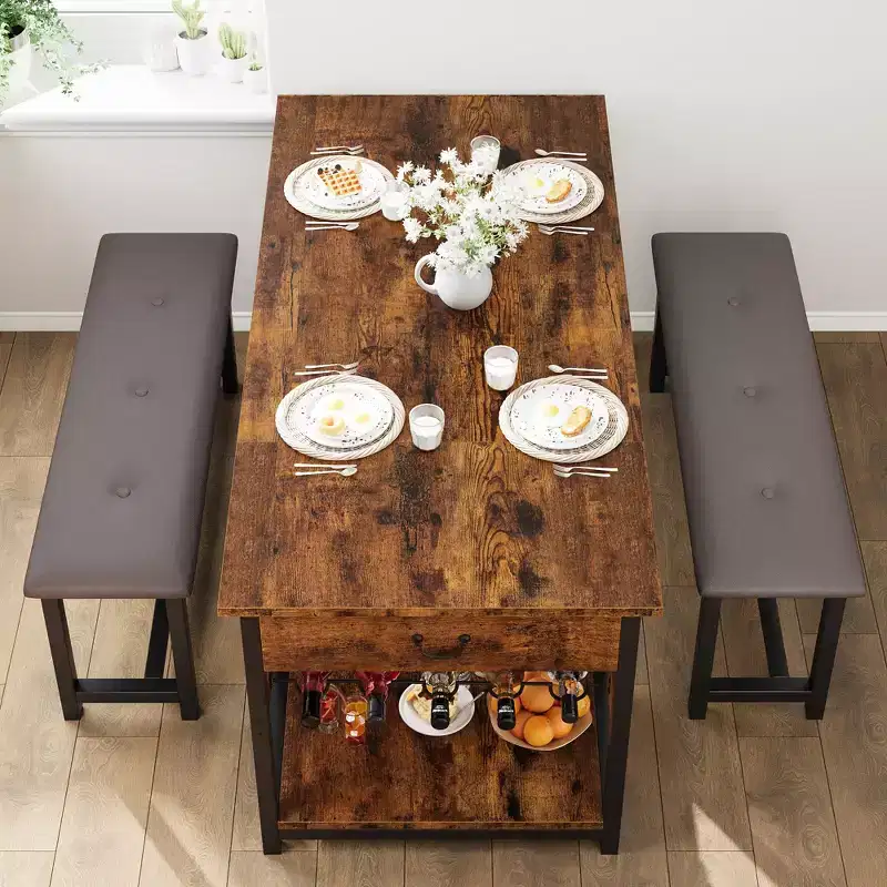 Dining Table Set for 4, Dining Room Table with Storage Drawers & Wine Rack, Kitchen Dining Table Set with Upholstered Benches for Dining Room