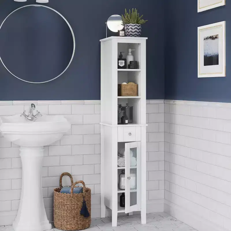 Tall Bathroom Linen Cabinet with Glass Door, Drawer and Shelves – 60