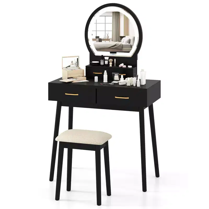 Small Vanity Desk with Mirror & Lights, Cushioned Stool, 3 Adjustable Lighting Colors