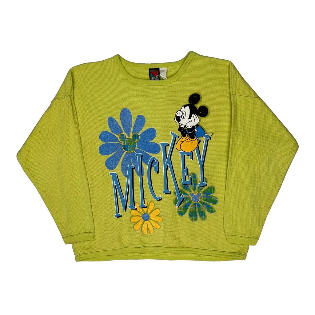 Floral Mickey Mouse Graphic Long Sleeve T-Shirt Large Yellow Cotton