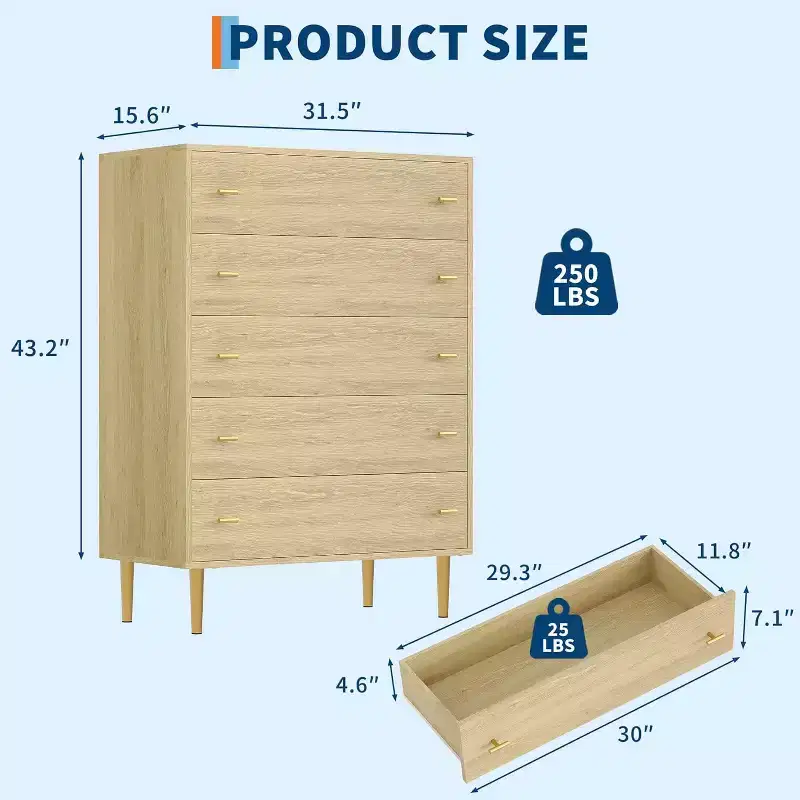 5 Drawers Dresser for Bedroom, Tall Dresser Wood Rustic Chest of Drawers with Large Drawers & Bar Handles,Natural Texture for Living Room,Hallway