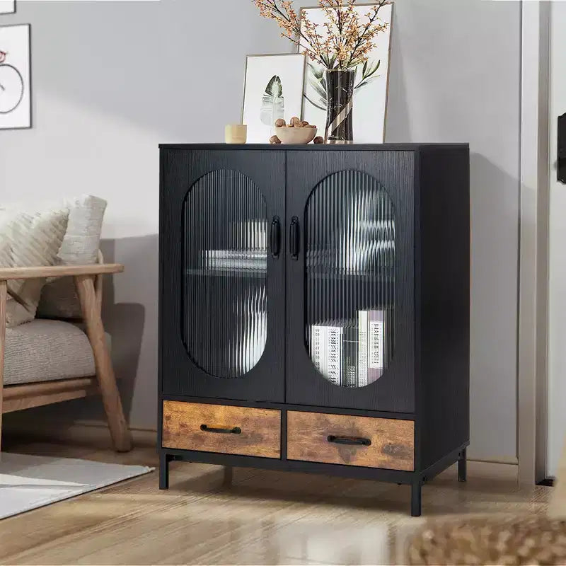 Costway Kitchen Storage Cabinet Freestanding Buffet Sideboard w/ 2 Glass Doors & Drawers